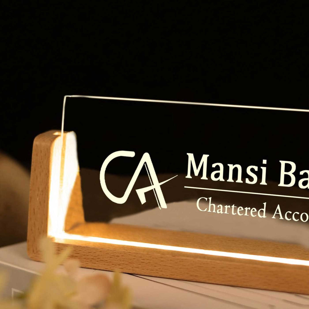 Personalized Chartered Accountant Sleek Glass Desk Nameplate With LED Light