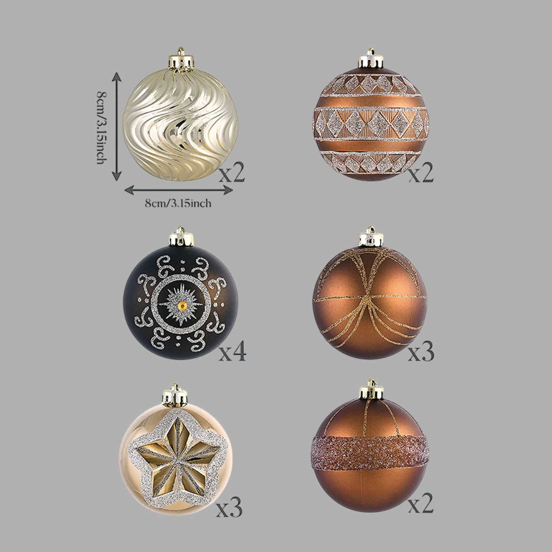 Brown & Gold Swirls & Stripes themed Christmas Ball Ornaments For Decoration | Set of 16