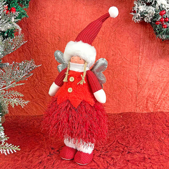 Angel With Glitter Silver Wings & Skirt Self-Standing Woolen Decor For Christmas Table Decoration