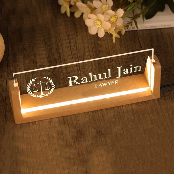 Personalized Lawyer Sleek Glass Desk Nameplate With LED Light