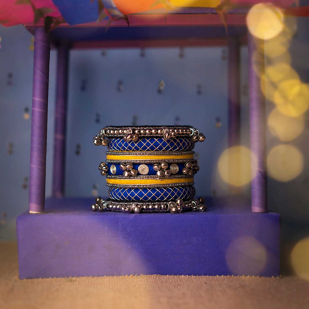 Blue & Yellow Handcrafted Meher Silver Ghugharu Bangles | Set of 7