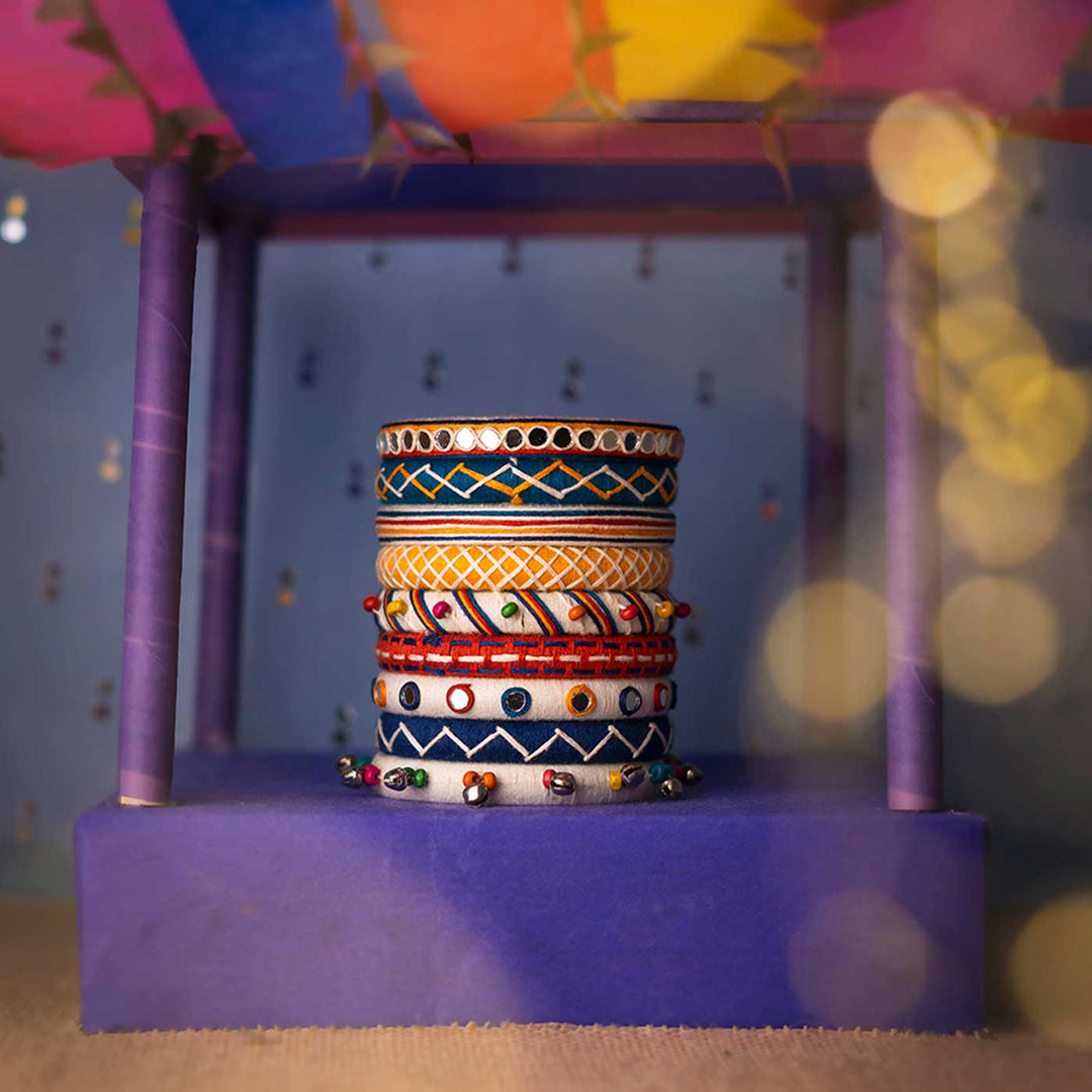 Multicolour Handcrafted Eka Cotton Thread & Wooden Beads Bangles | Set of 9