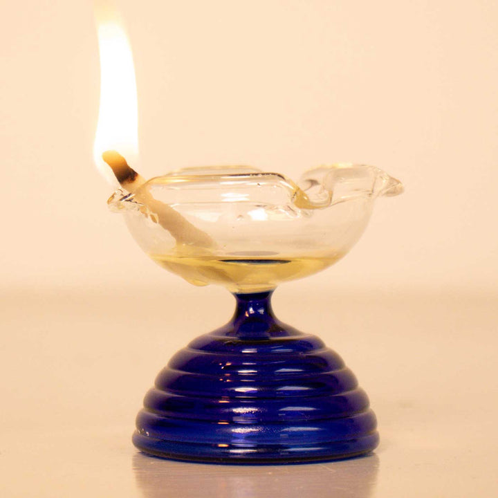 Handmade Blue Small Borosil Glass Oil Lamp / Diya | 2.2 inch