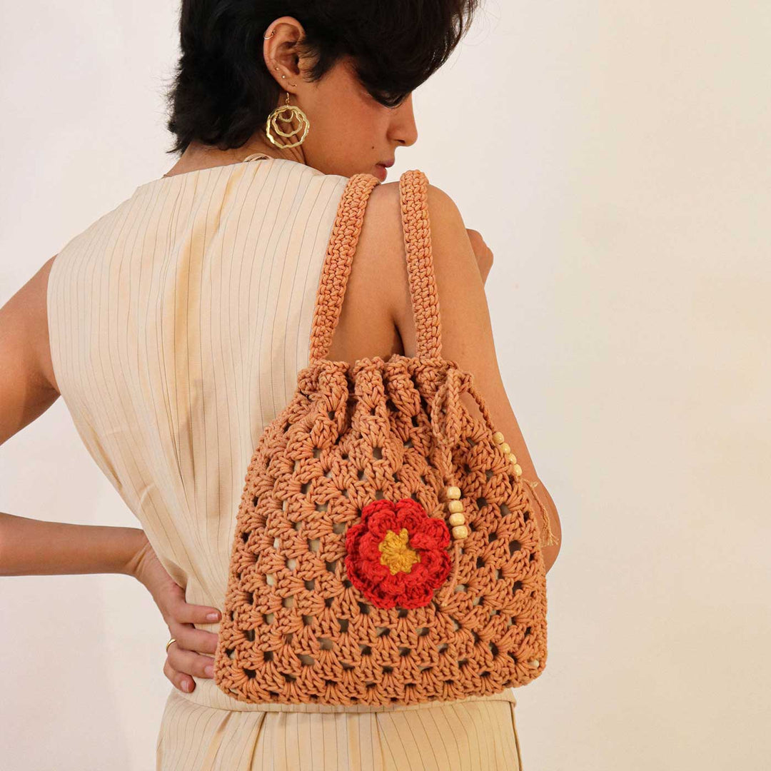 Handmade Crochet Brown Floral Potli