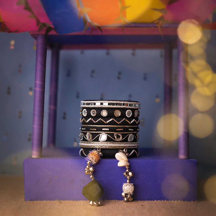 Black & Silver Handcrafted Rachana Mirror & Bead Bangles With Hanging | Set of 7