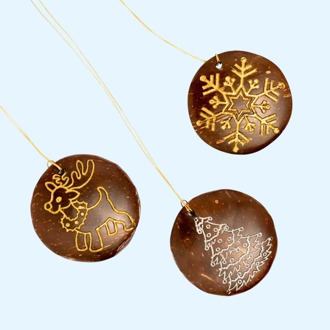 Eco-friendly Handmade Coconut Shell Ornaments For Christmas Tree Decoration | Set Of 6