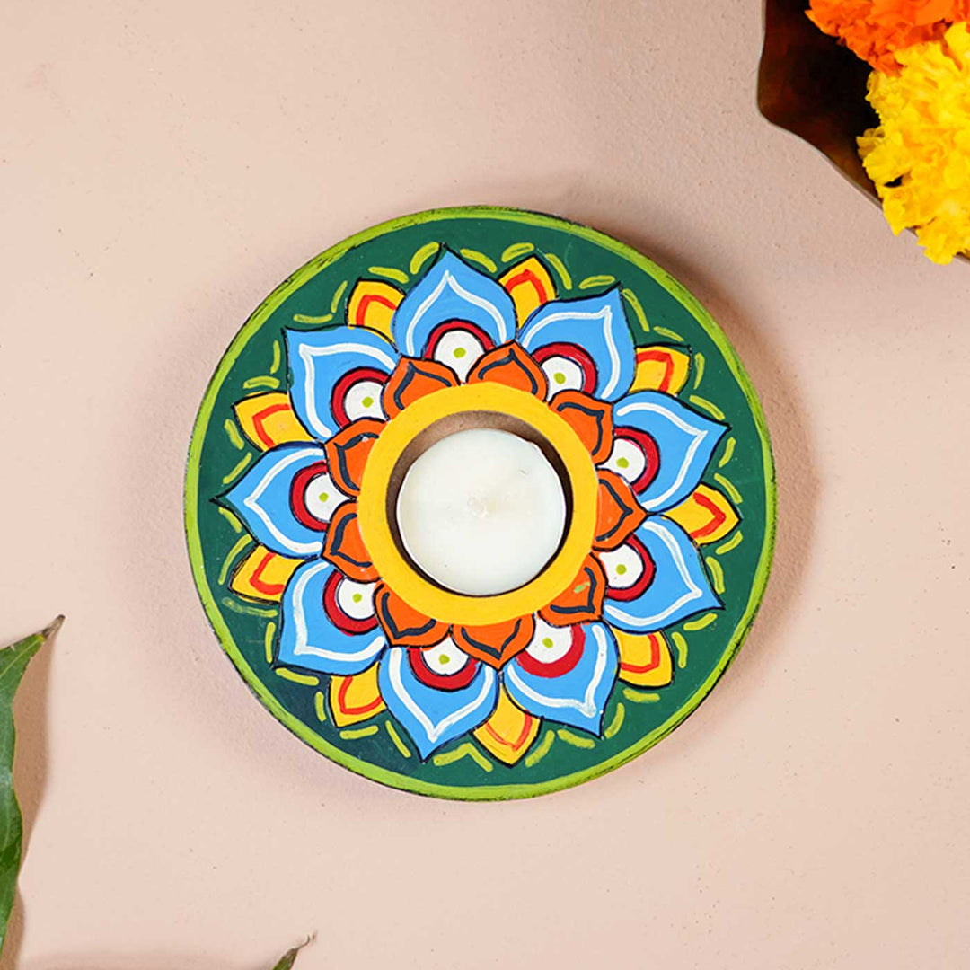 Handmade Multicolour Lotus Wooden Tealight Holder