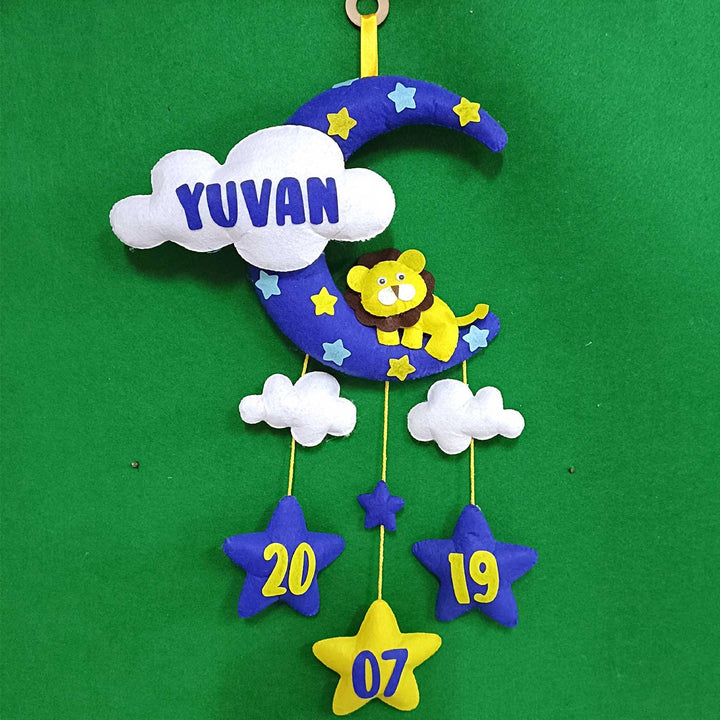 Personalized Handmade Lion Theme Moon & Cloud Felt Kids Name Plate with Birthdate