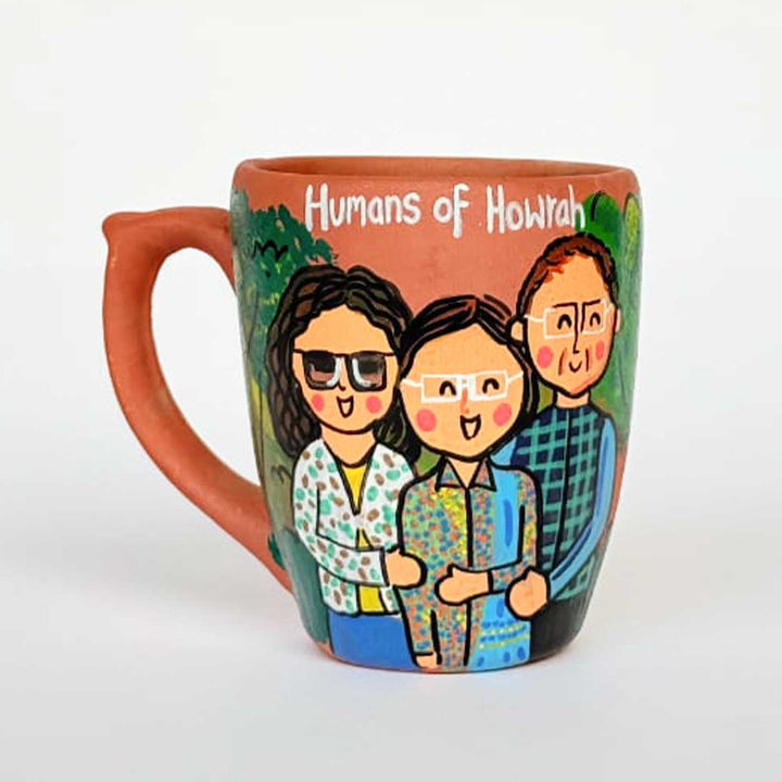 Handpainted Personalised 3D Terracotta Mug With Caricatures And Background