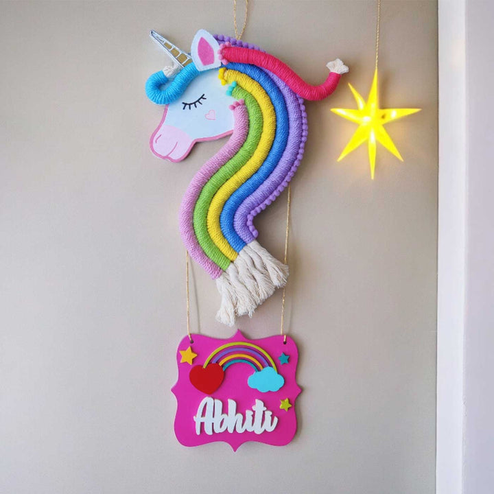 Personalized Handmade Macrame Unicorn Kids Name Plate With 3D Letters