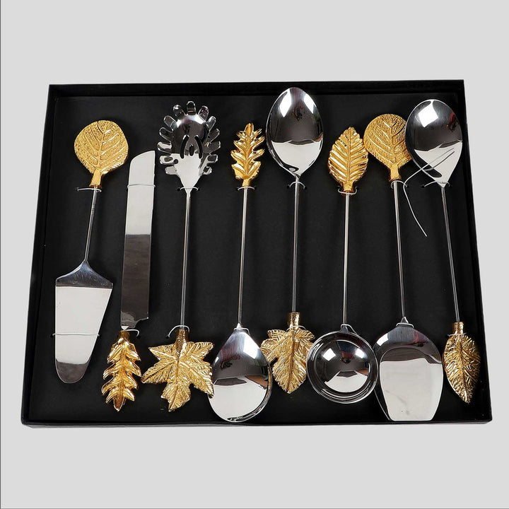 Handmade Gold Leaf Design Steel Serving Set | Set Of 8