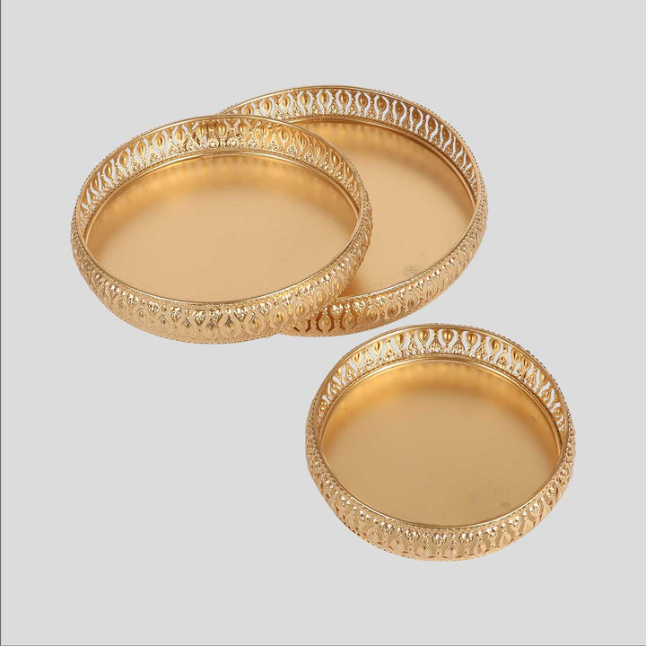 Handmade Round Etching Gold Tray | Set Of 3