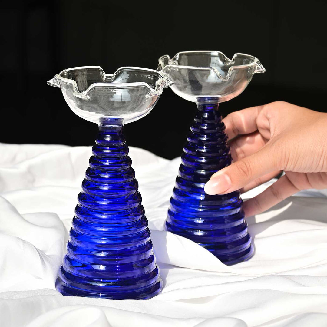 Handmade Blue Borosil Glass Oil Lamp / Diya | 5.9  inch