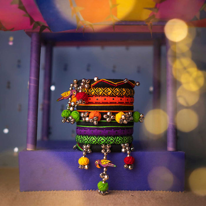 Multicolour Handcrafted Siddhi Silver Ghugharu Pompom Bangles | Set of 9