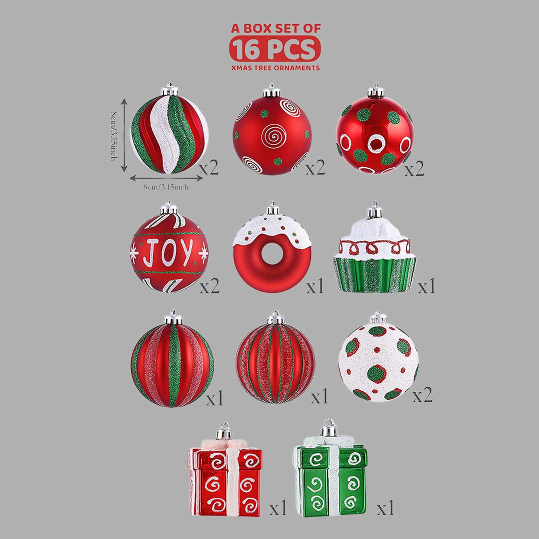 Red, Green & White Gift Boxes themed Christmas Ball Ornaments For Decoration | Set of 16