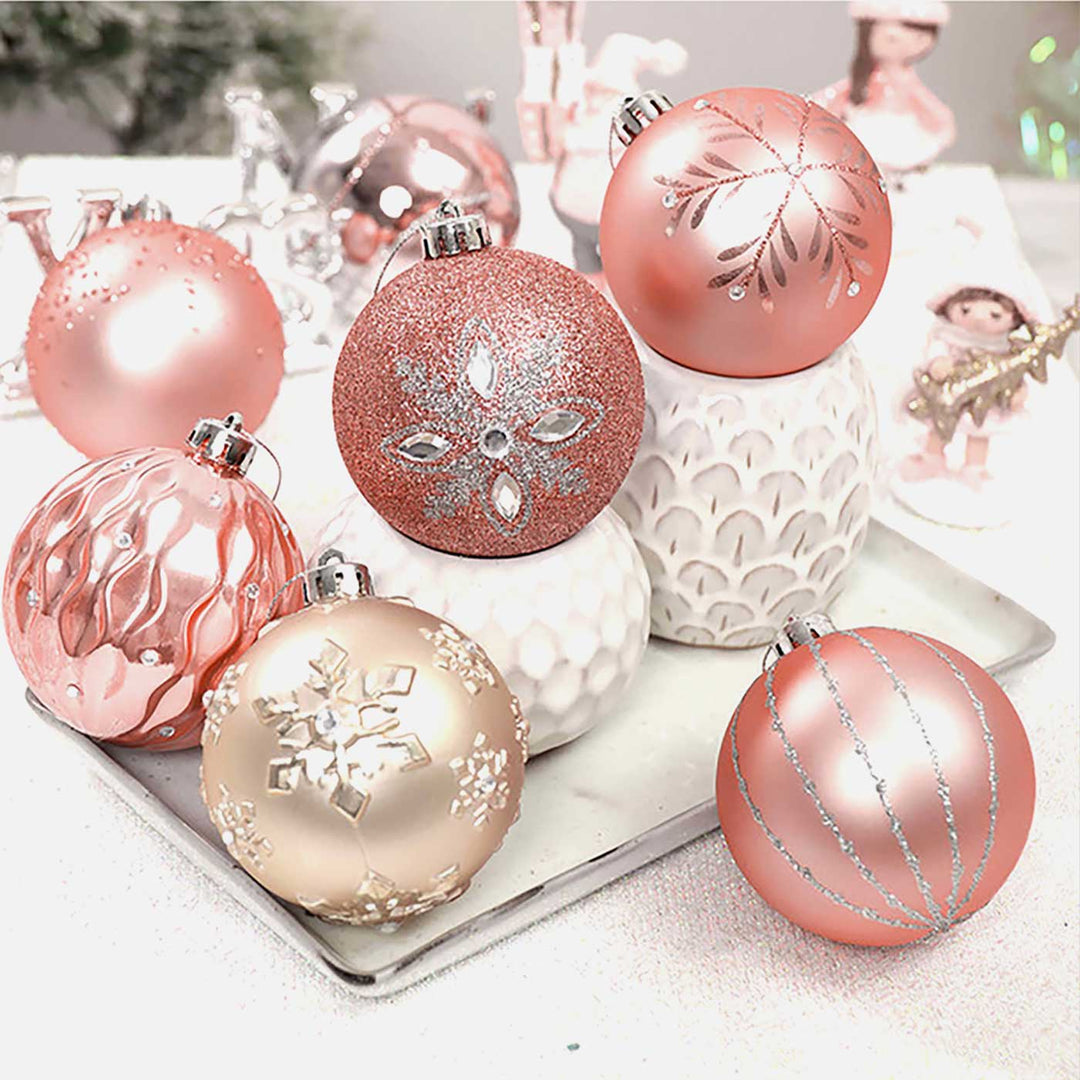 Rose Gold Snowflake Shimmer Christmas Ball Ornaments For Decoration | Set of 16