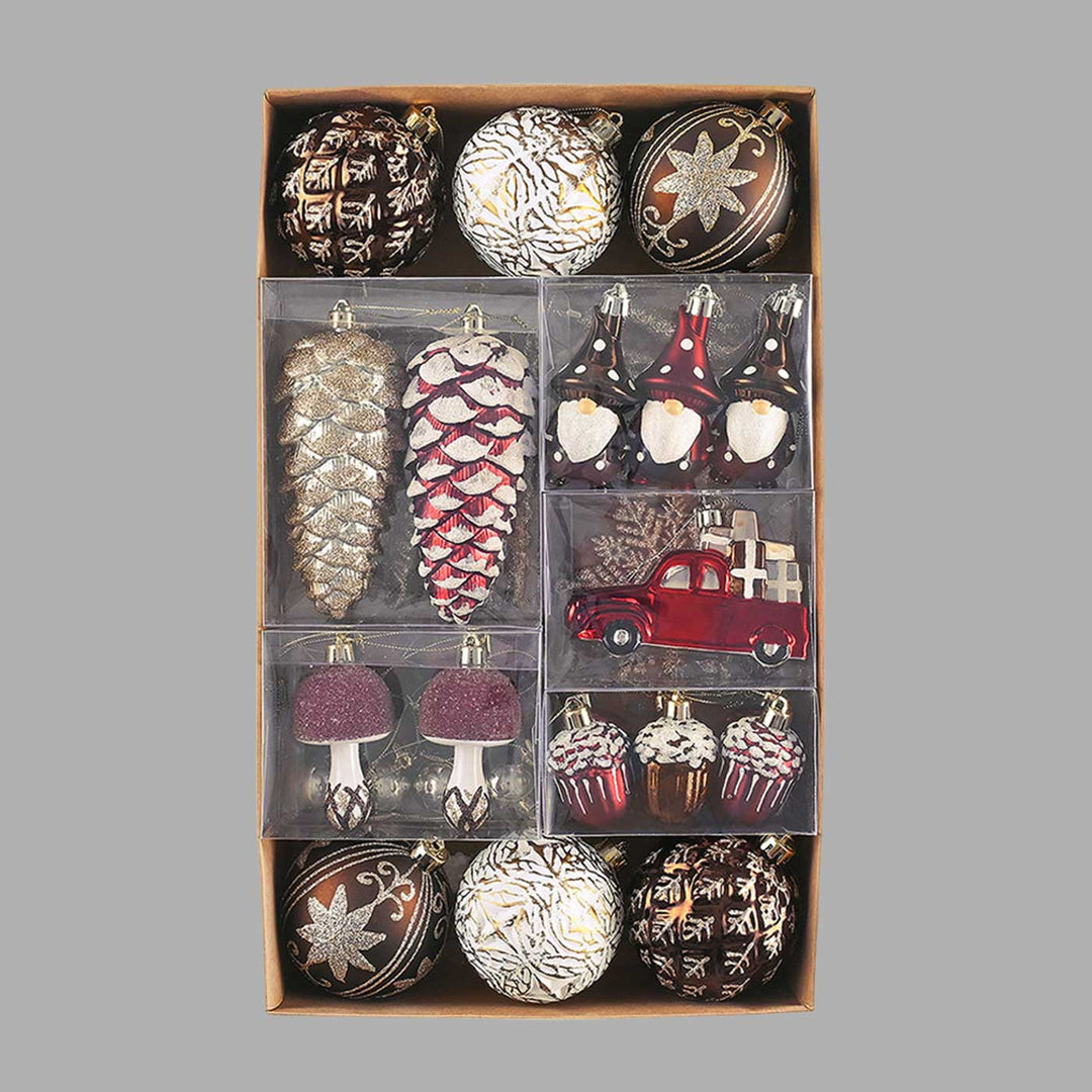 Maroon Brown & Gold Pinecone themed Christmas Ball Ornaments For Decoration | Set of 60