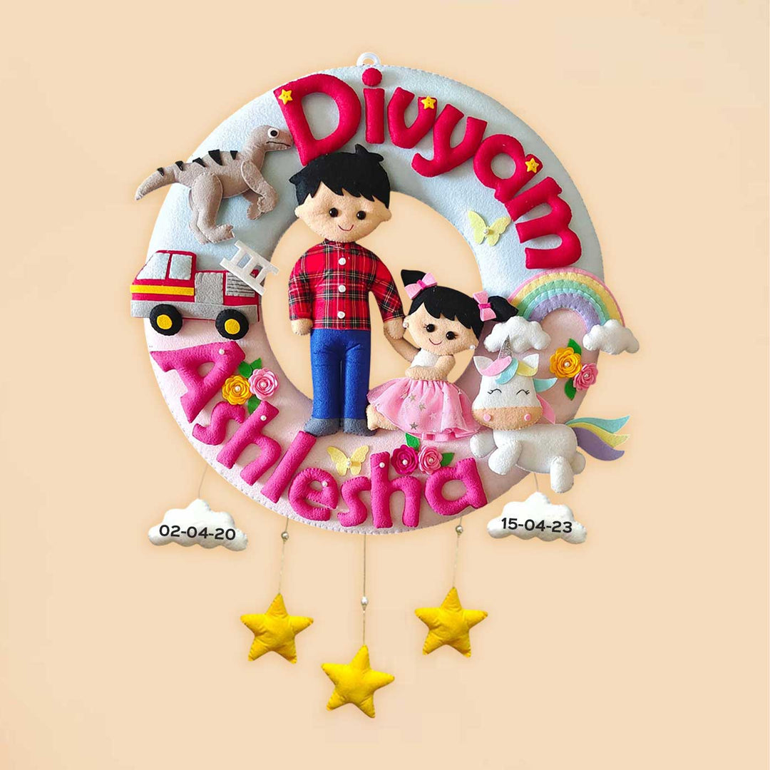 Hand-stitched Hobby Themed Round Felt Kids Name Plate for Siblings