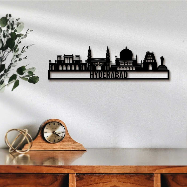 Printed Black Wooden Hyderabad City Skyline Wall Decor