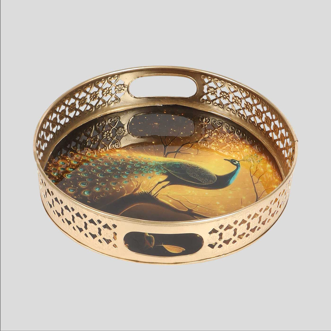 Handmade Black Peacock Set Of Metal Tray | Set Of 2