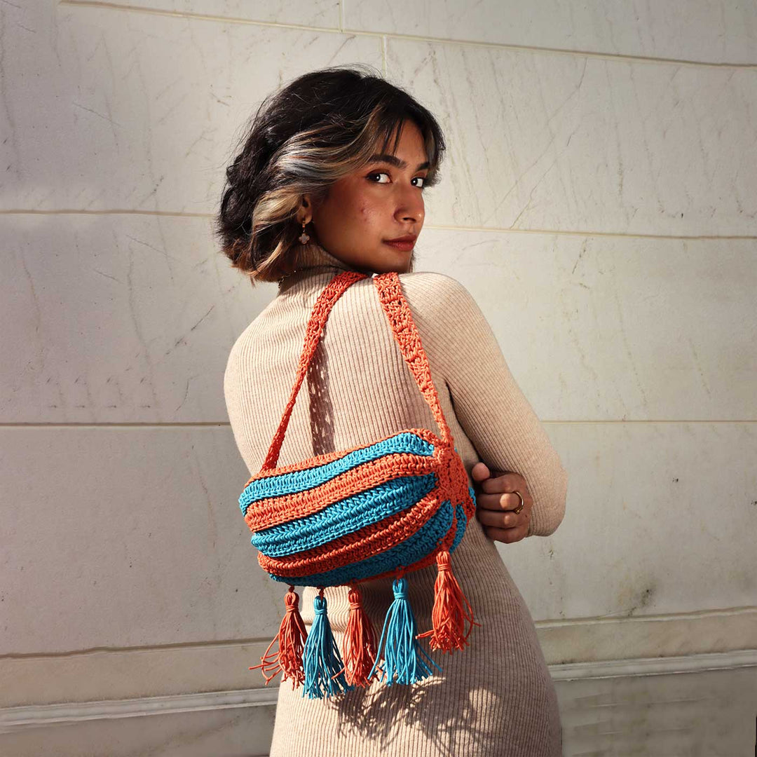 Handmade Crochet Orange & Blue Duffel Sling Bag