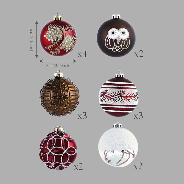 Maroon & Brown Owl themed Christmas Ball Ornaments For Decoration | Set of 16