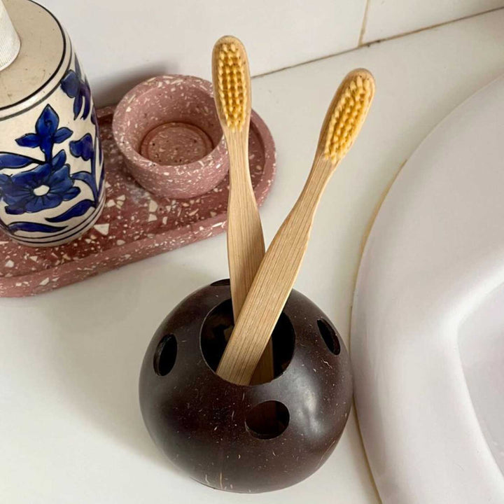 Eco-Friendly Handmade Brown Coconut Shell Toothbrush Holder