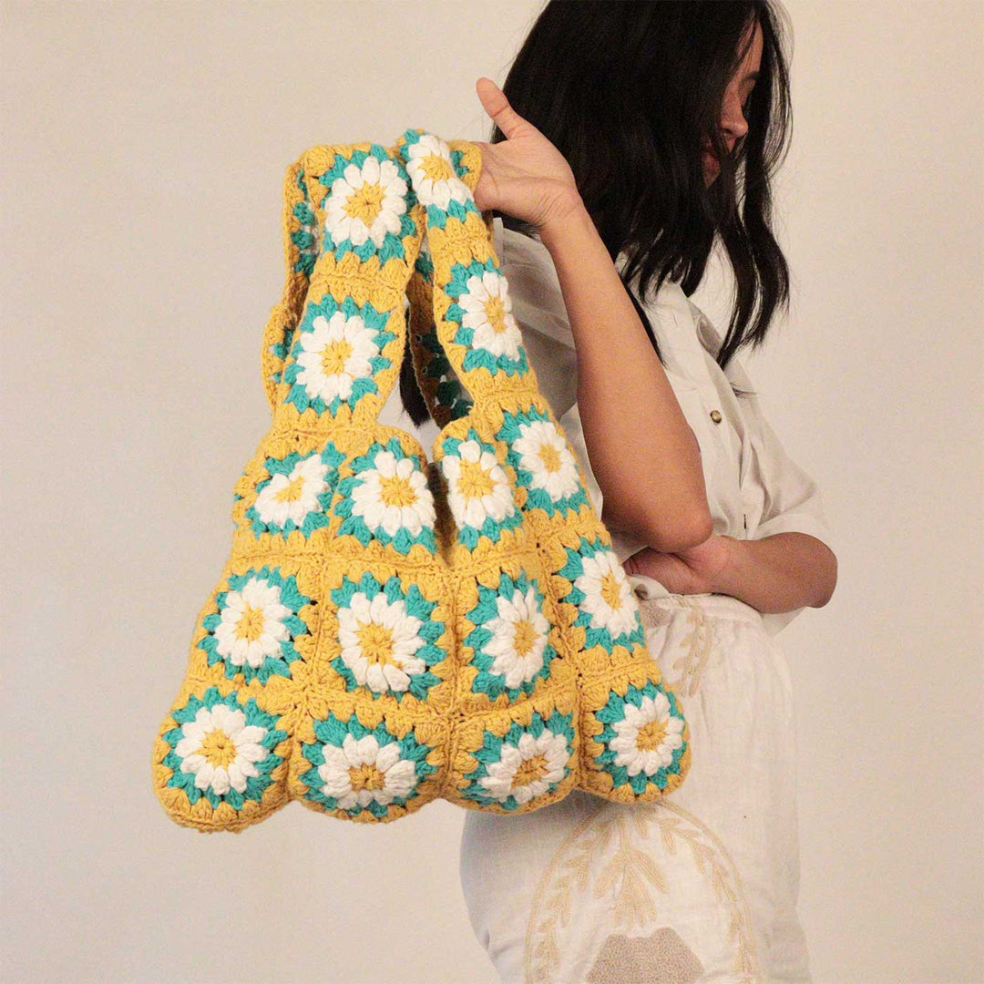 Handmade Crochet Yellow Floral Shopper Tote Bag