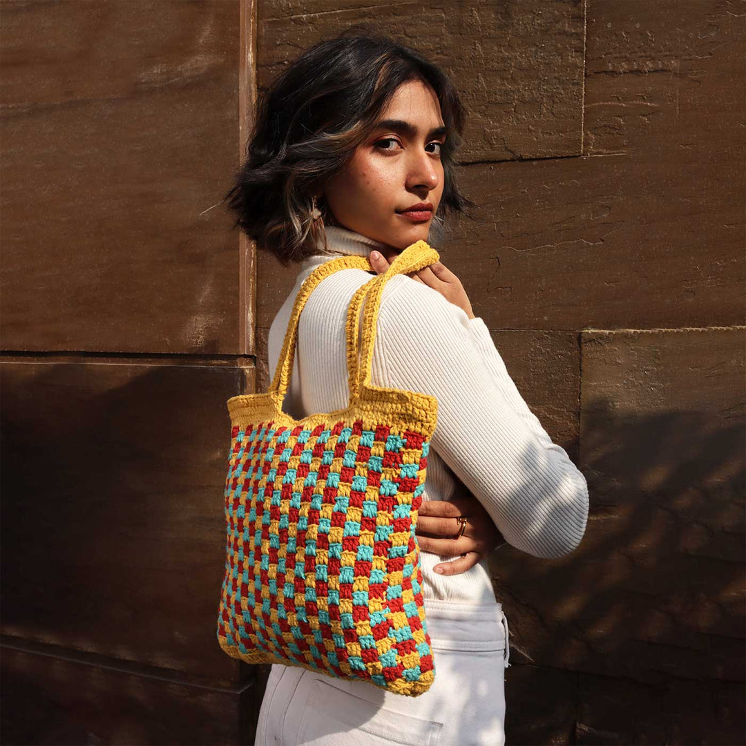 Handmade Crochet Checkered Shoulder Bag