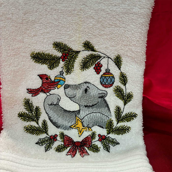 Personalized Bear & Cardinal Embroidered Cotton Hand Towel | Xmas Gifting Ideas