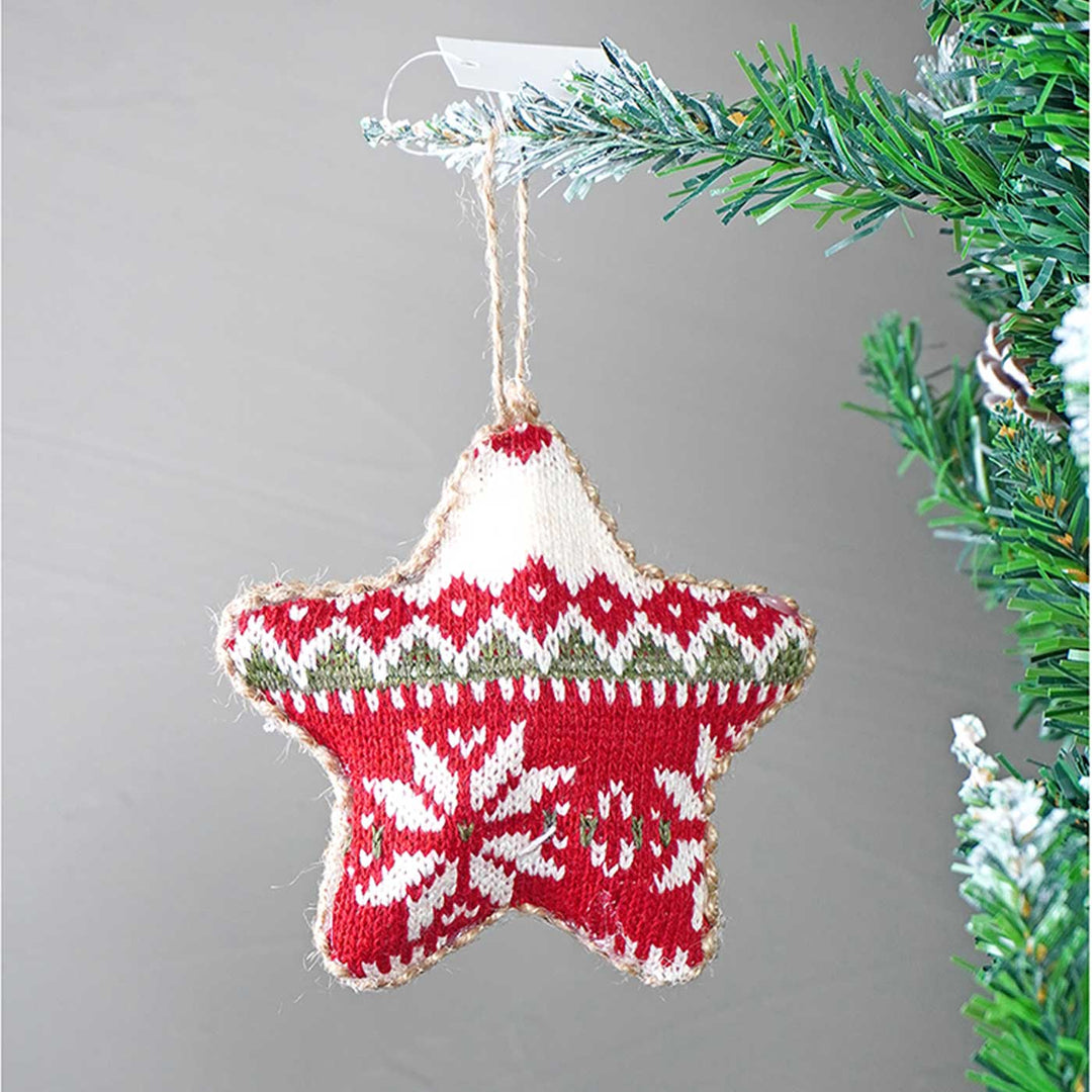 Handmade Red Knitted Snowflakes Themed Ornaments For Christmas Tree Decoration | Set Of 6