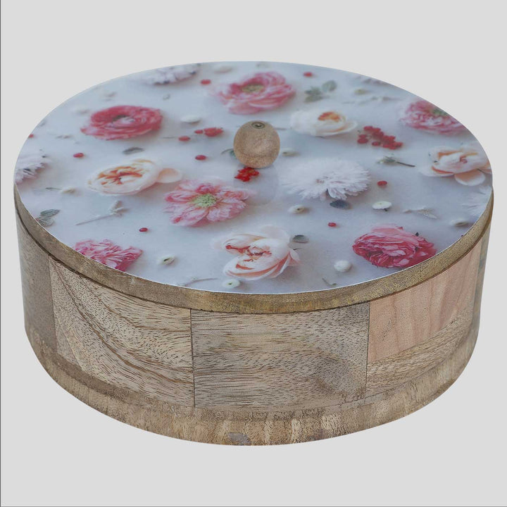 Handmade Flower Printed Mango Wood Roti Box With Tong