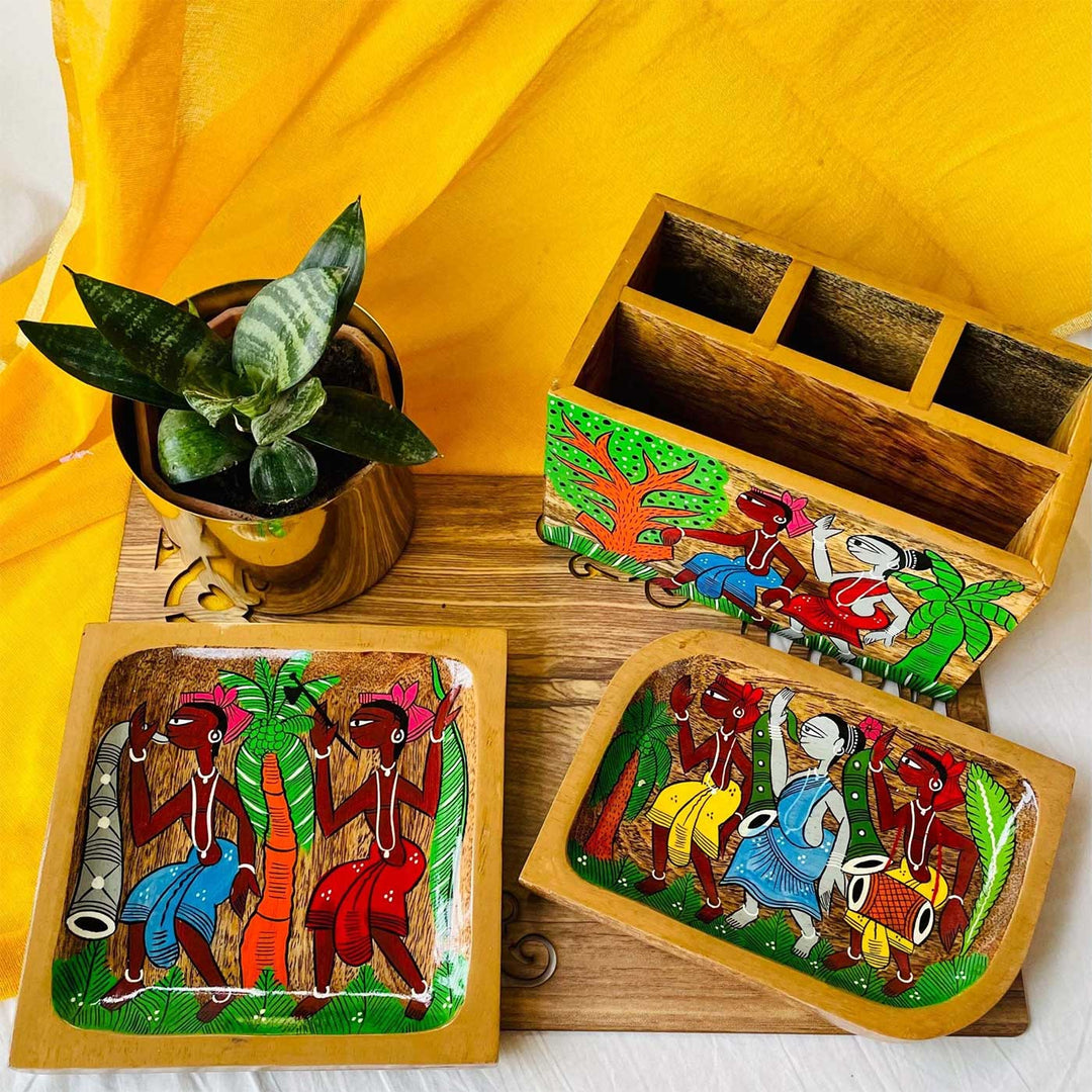 Hand-Painted Pattachitra Harshil Wooden Hamper | Set Of 3