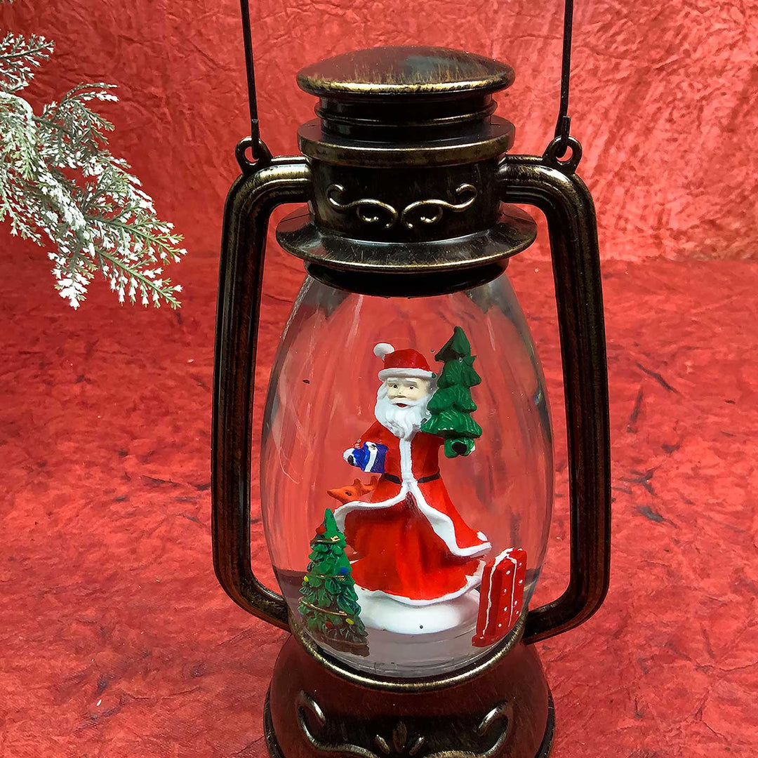 Santa With Rotating Gift And Deer Musical Lantern For Christmas Table Decoration