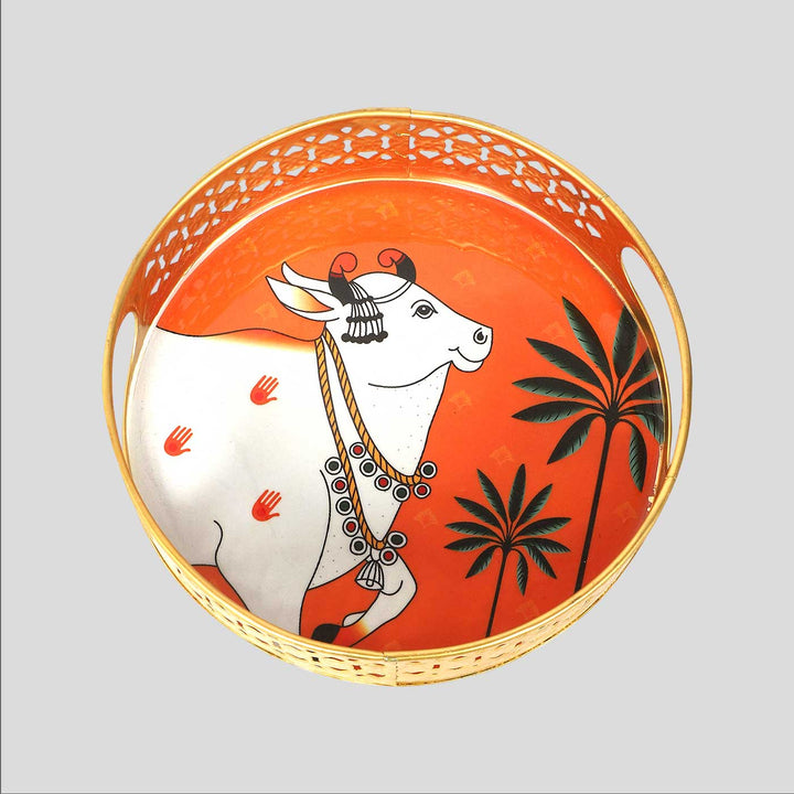 Handmade Round Orange Pichwai Tray | Set Of 2