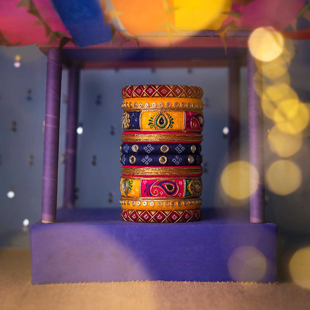 Yellow & Blue Handcrafted Yugma Mirror Work Bangles | Set of 10