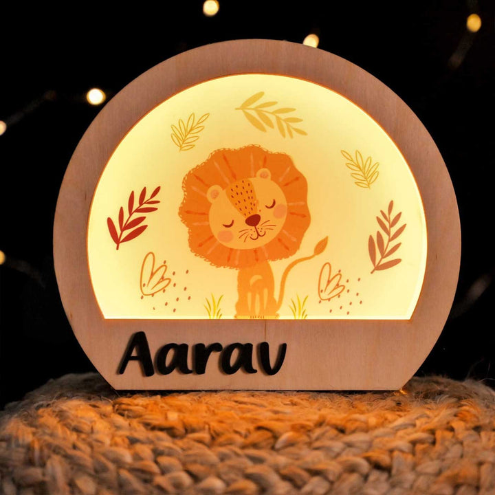 Personalized Lion Theme Wooden Table Lamp With 3D Letters