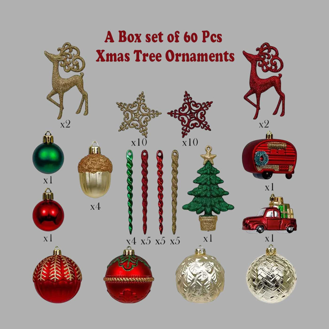 Red, Green & Gold theme Christmas Ball Ornaments For Decoration | Set of 60