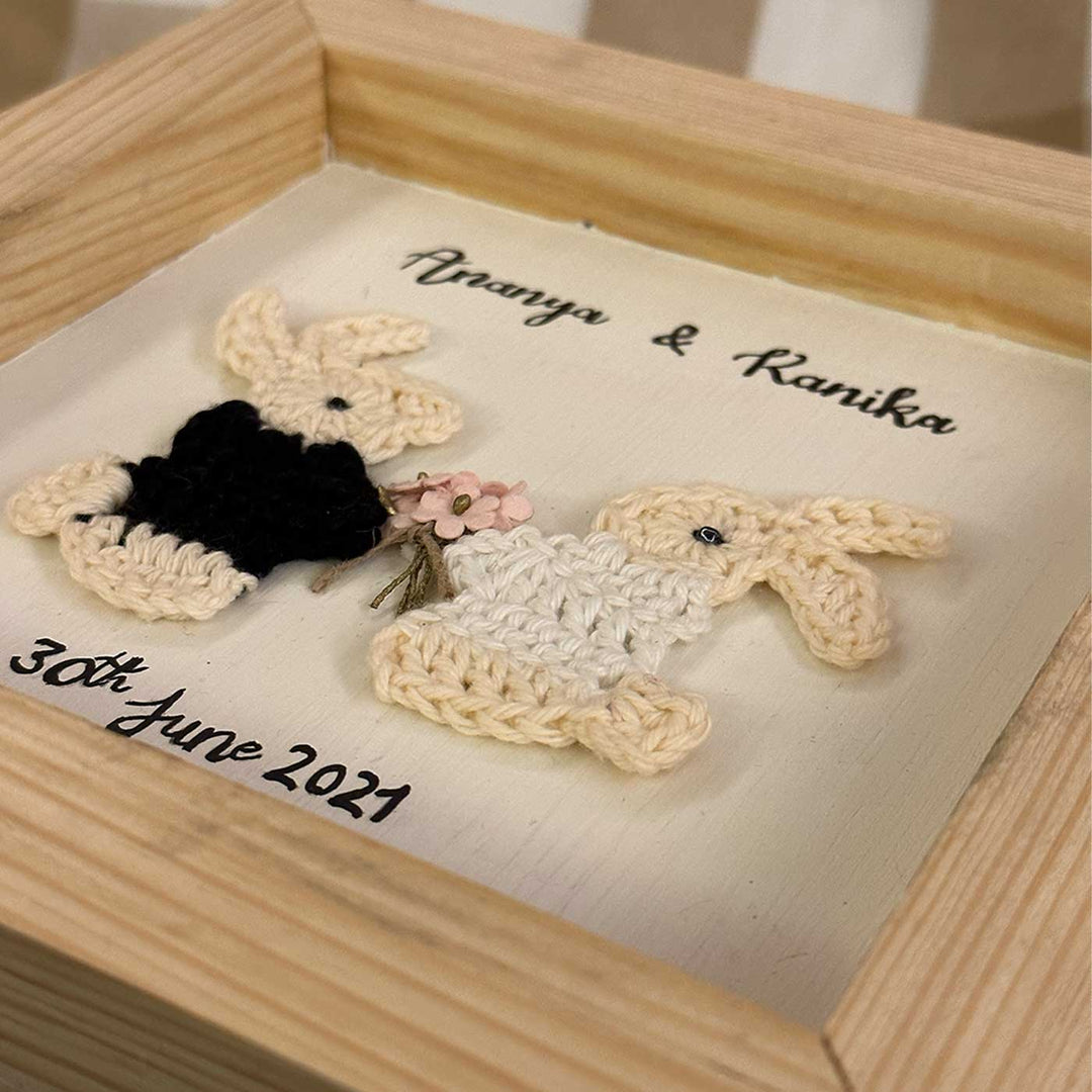 Personalized Handmade Crochet Bunny Wooden Plaque For Couples