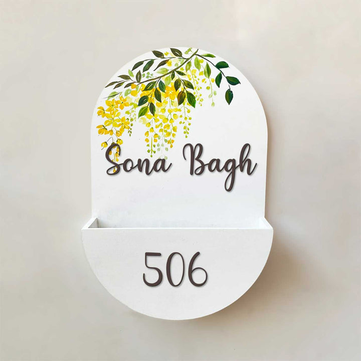 Personalized Handmade Golden Floral MDF Wood Name Plate