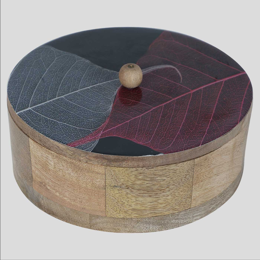 Handmade Leaves Design Printed Mango Wood Roti Box With Tong