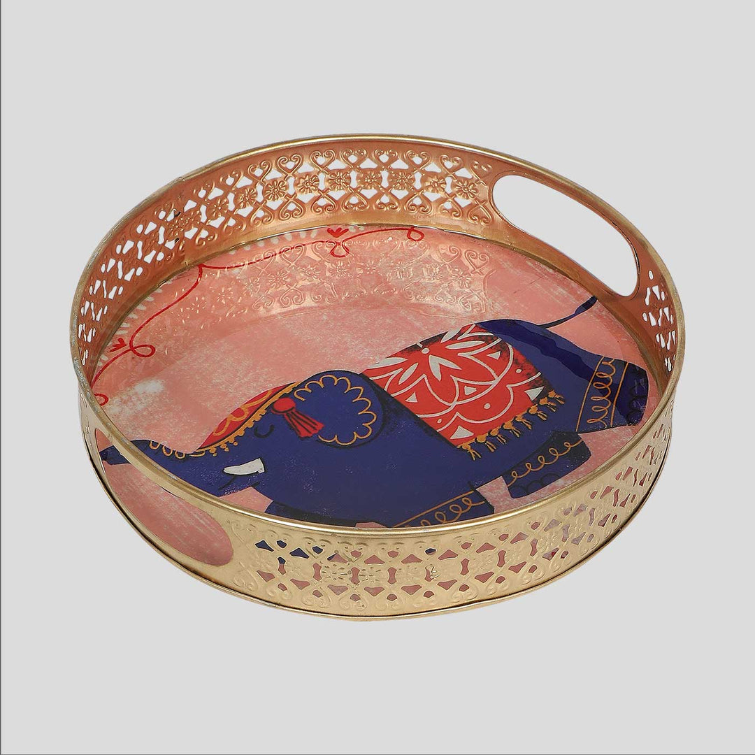 Handmade Pink Elephant Pichwai Tray | Set Of 2