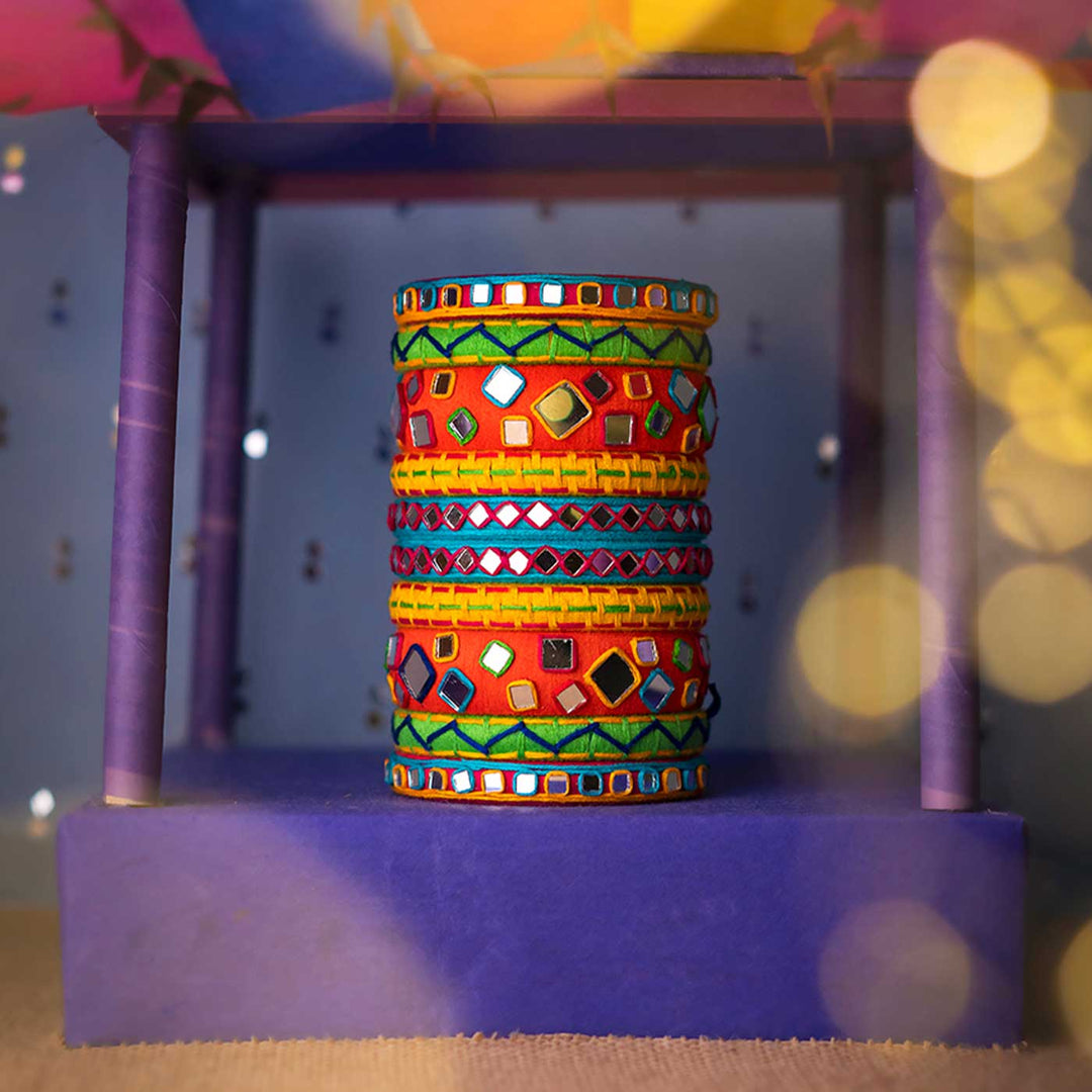 Multicolour Handcrafted Anusha Mirror Embriodery Bangles | Set of 10