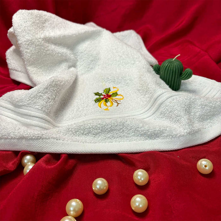 Personalized Holly Leaves Embroidered Cotton Hand Towel | Xmas Gifting Ideas