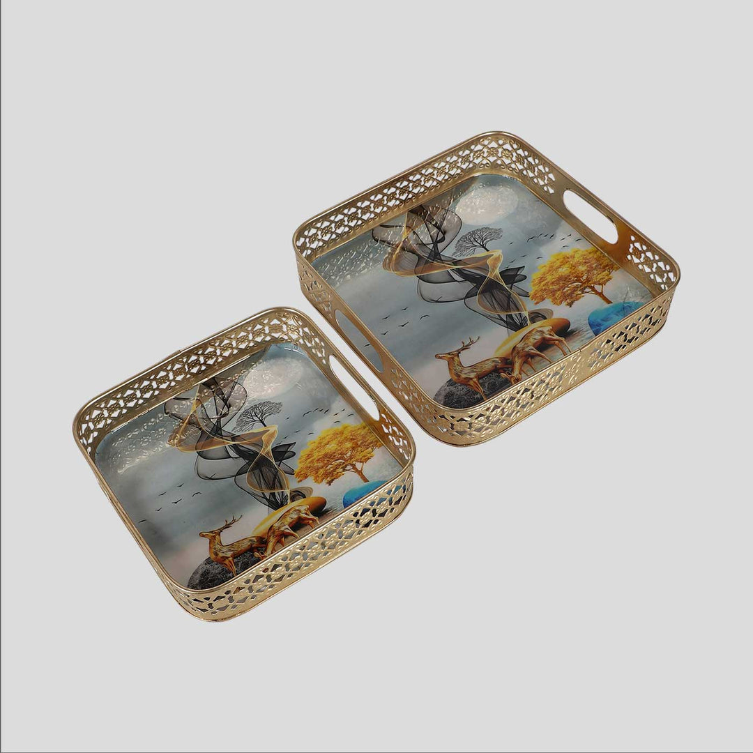 Handmade Square Gold Deer Tray | Set Of 2