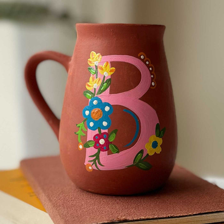 Personalized Hand-painted Floral Theme Monogram Terracotta Mug - B