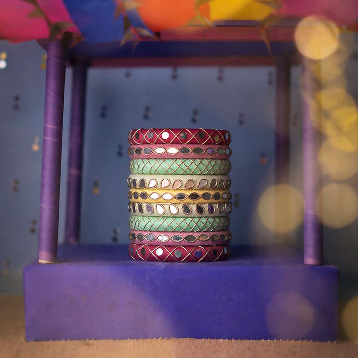 Multicolour Handcrafted Janya Cotton Thread & Mirror Work Bangles | Set of 9