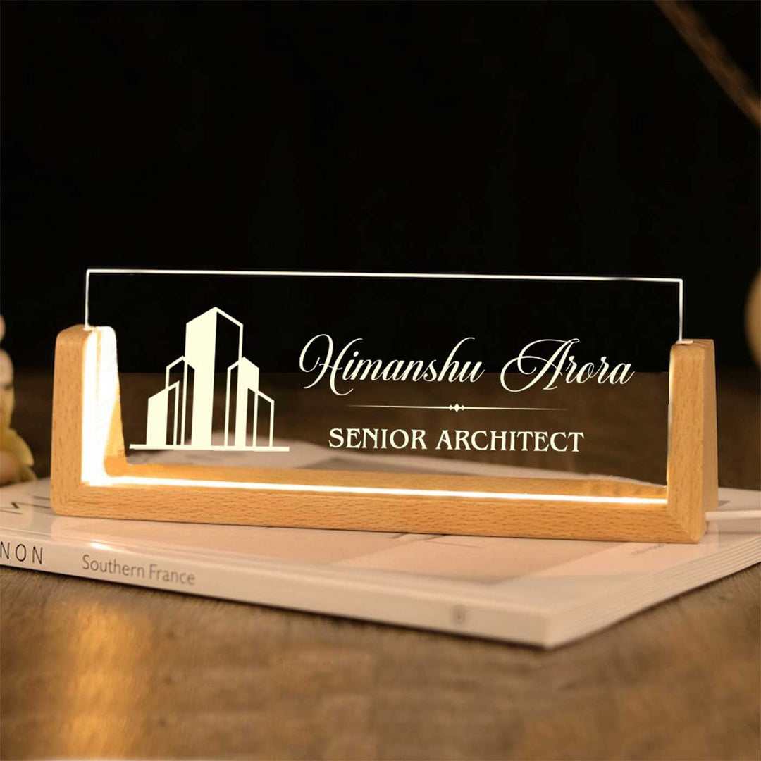 Personalized Architect Sleek Glass Desk Nameplate With LED Light