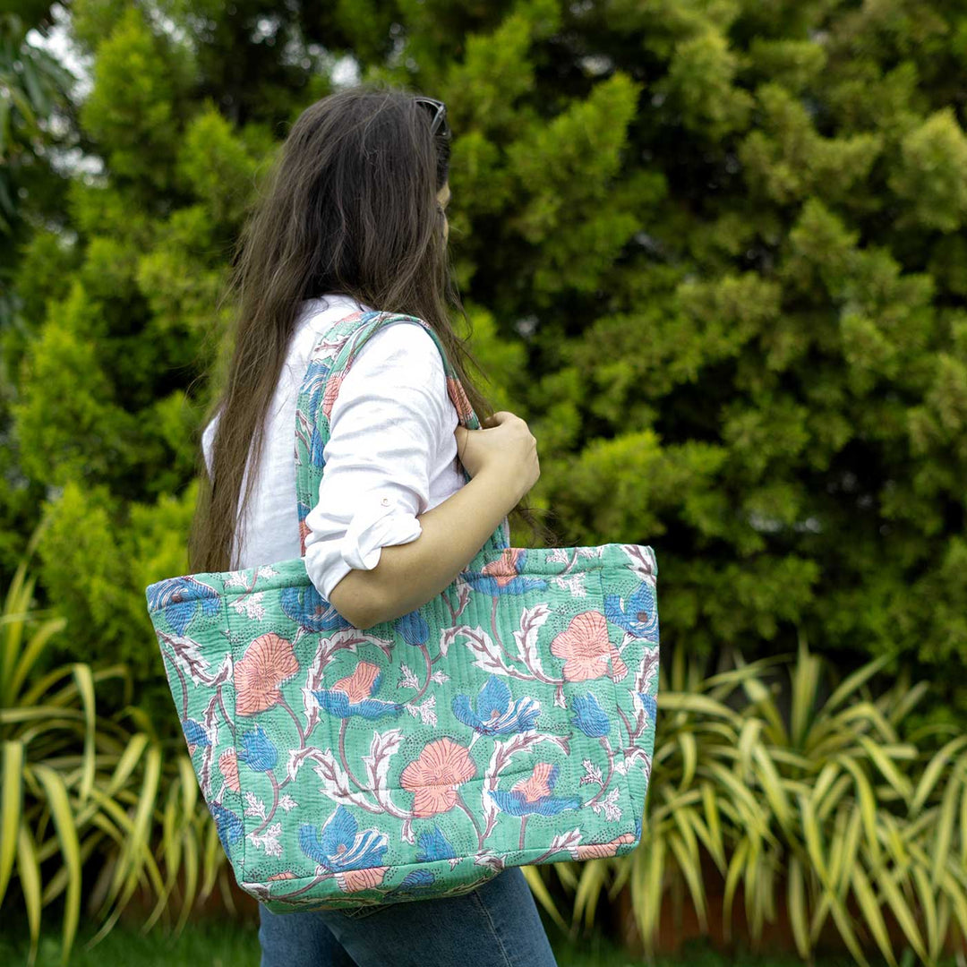 Block Printed Wildflower Convertible Quilted Cotton Tote Bag