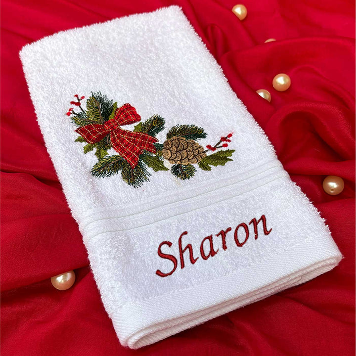 Personalized Pine & Bow Embroidered Cotton Hand Towel | Xmas Gifting Ideas